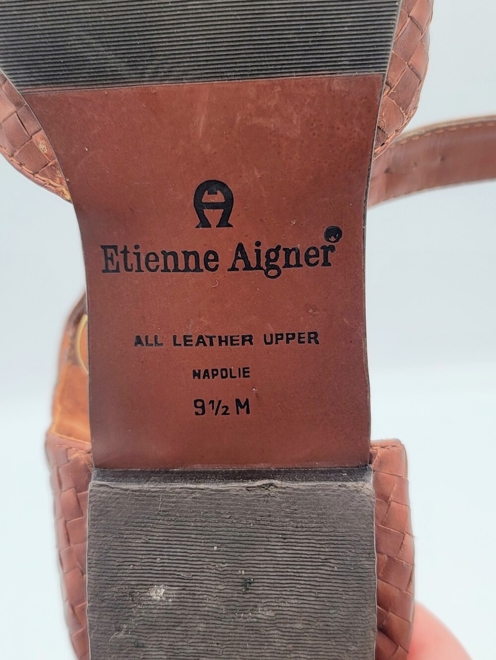 Etienne Aigner Toba Woven Leather T Strap Peep Toe Shoes Womens 9.5 M Brazil 80s - Picture 12 of 16